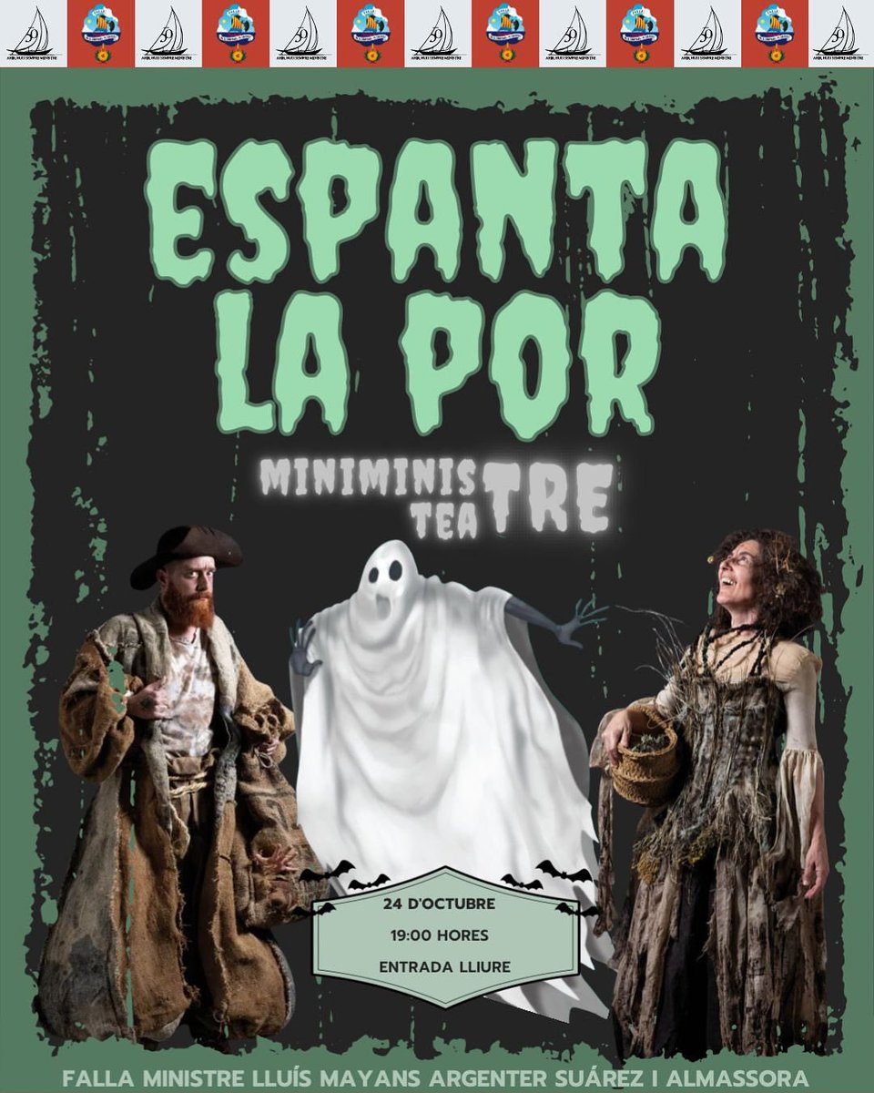 Per Tots Sants, monstres valencians!!! 👻🧙

El nostre grup de Teatre Intantil MiniMinistreTeatre vos convida a la tercera representació del cicle “Espanta la por”, el proper divendres 24 d’octubre a les 19 hores. 🎭❤️‍🔥

ENTRADA LLIURE!! Vos esperem!!!