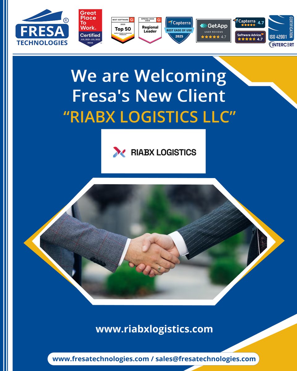 fresatechnology's tweet image. 🎉We are Welcoming Fresa&apos;s New Client🤝🚀
&quot;RIBAX LOGISTICS LLC&quot;

For more queries please visit below link 👇
fresatechnologies.com/about-us/servi…

#Fresa #Freightsolutions #Freightforwarding #Import #FresaGold #ERPSoftware #G2Awards  #Welcome #Client #NewCustomer #Onboard #Newclient