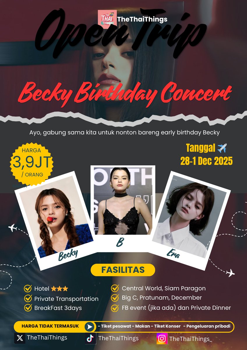 thethaithings's tweet photo. Angels dan FB fans! 
Kita buka open trip untuk Becky Birthday Concert yaa! 
Bisa DM kita buat mire infonya. 

⭐ AYO KITA NYANYI BARENG BECKY! ⭐

#beckysangels #BeckyEntertainment #BNewEra  #IndependentEra #thethaithings https://t.co/OdNxNyHAZV