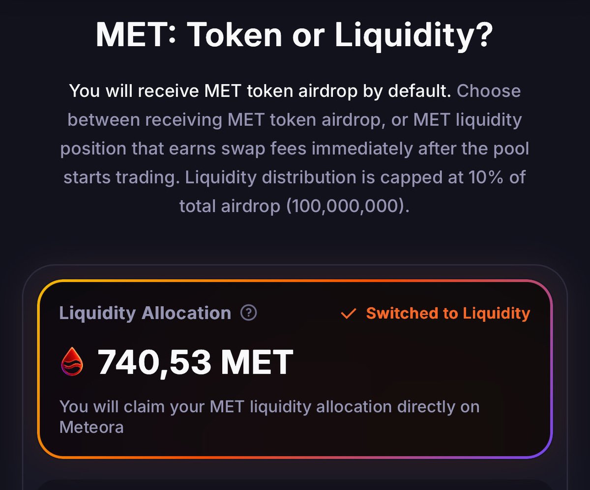 $MET
Airdrop farmlayan birisi değilim, para kazanmak için kullanmıştım trench szn da, 740 token kazanmışım. Şu anki değeri $600 civarı yapıyor. 

LP eklemeyi tercih ettim belki DLMM de para kazandırır. Sizde ne kadar var?