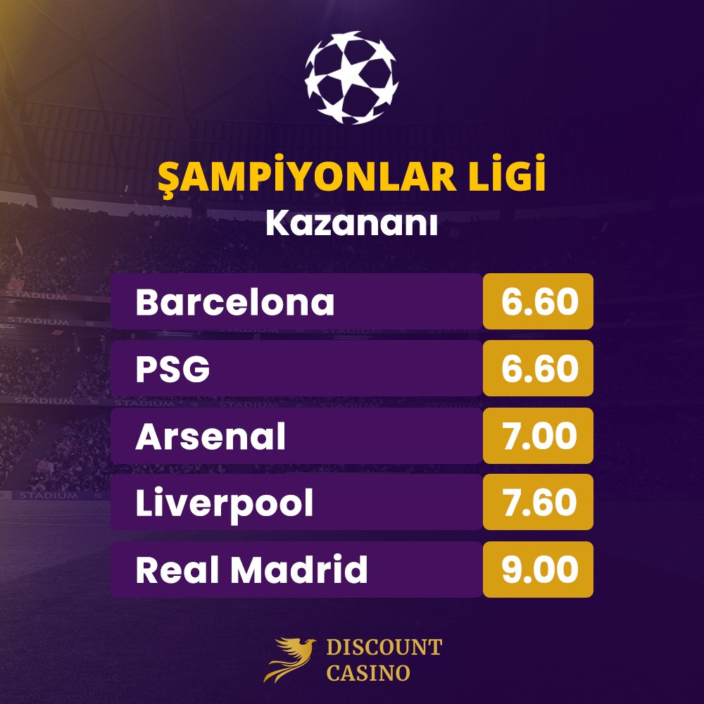 ⚽ Discount Casino'da Şampiyonlar Ligi'nde Barcelona (6.60), PSG (6.60) veya Arsenal (7.00) gibi takımlara yüksek oranlarla bahis yap, şampiyonu tahmin et ve kazanma şansını yakala! Discount Casino Giriş: tinyurl.com/4z5nx2ks