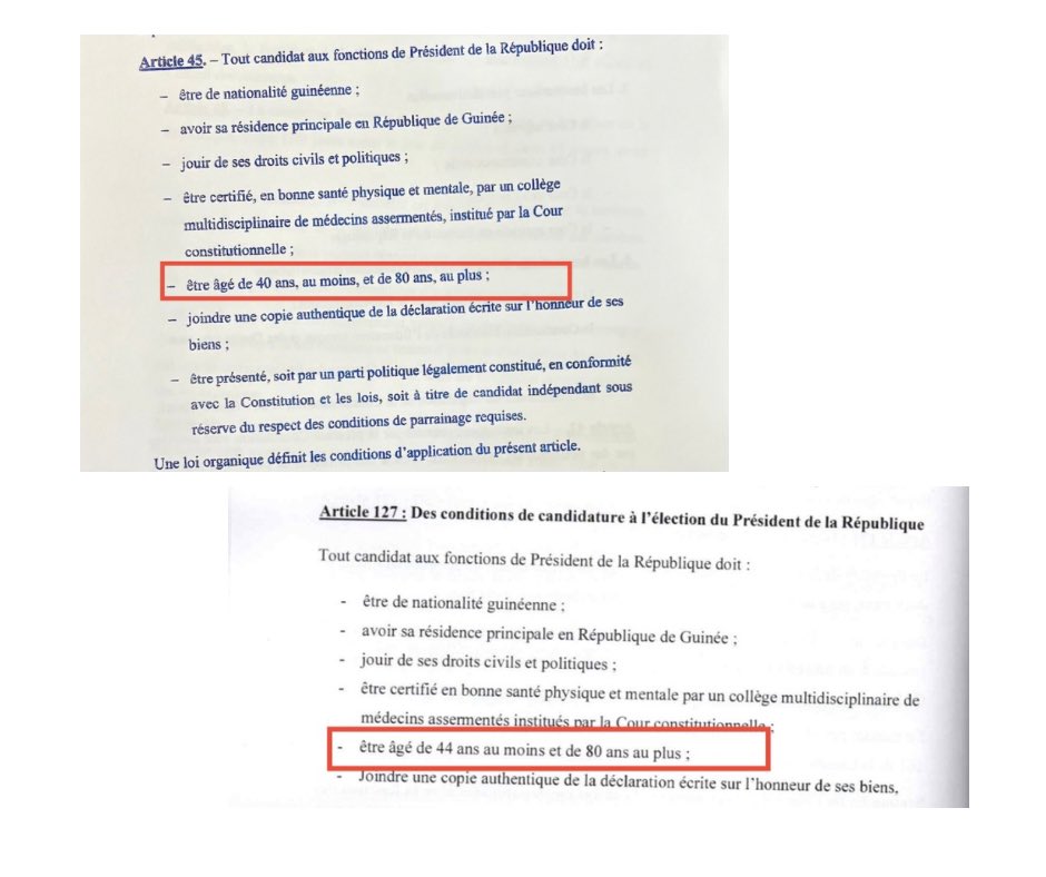 #Guinée | La Constitution, en son article 45, fixe l’âge pour être candidat à la présidence de la République entre 40 et 80 ans. Or, le Code électoral, lui, établit une autre limite : 44 à 80 ans (article 127).

Une incohérence difficile à comprendre, d’autant plus que c’est le