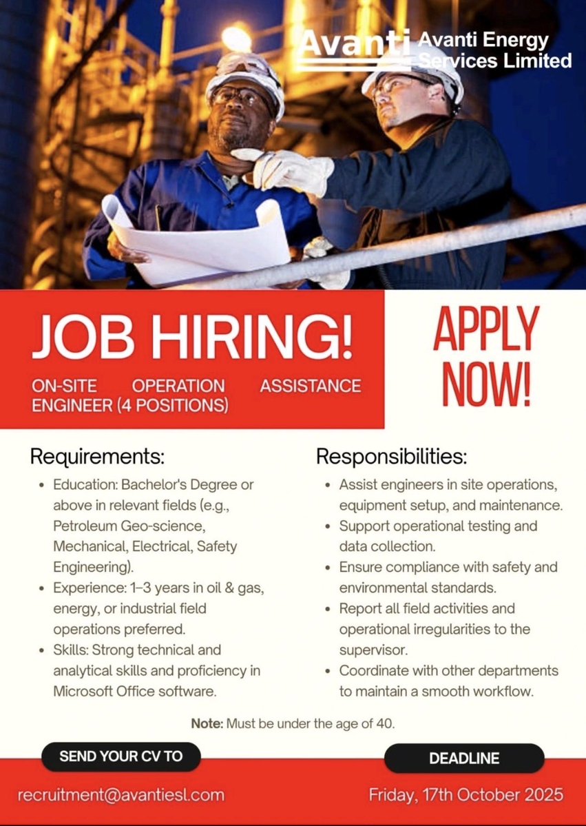 MSIngawa's tweet image. JOB ALERT
Vacancies at Avanti Energy Services Limited!
Kickstart or advance your career in the Oil & Gas industry with exciting opportunities to grow, learn, and contribute to major field operations.
Open Positions:
Safety Management Trainee (Fresh graduates encouraged!)…