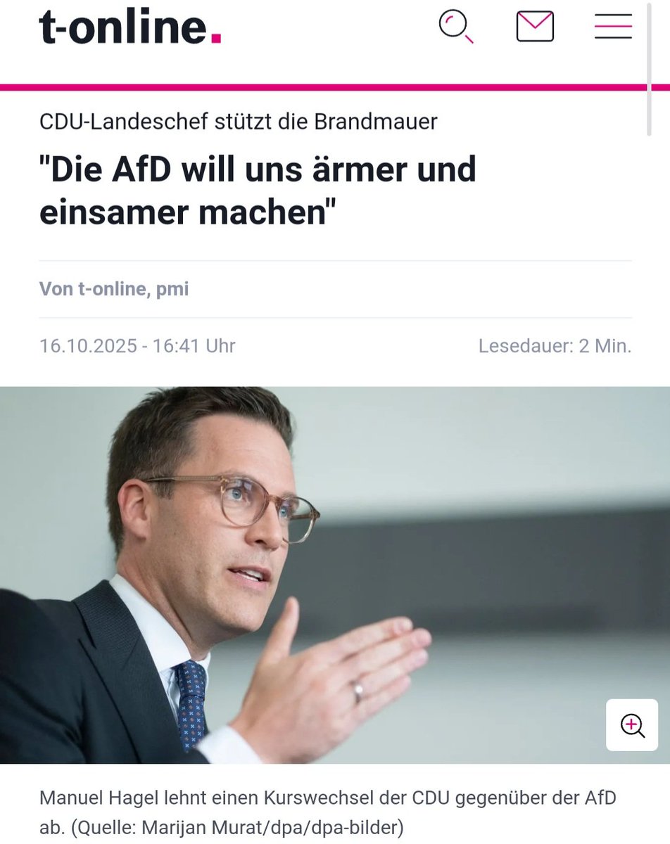Lieber Manuel Hagel: Es ist Ihre CDU, die regiert! Ihr habt das Land arm gemacht.
Die AfD stellt sich euch lediglich entgegen, deswegen mögt ihr sie nicht!