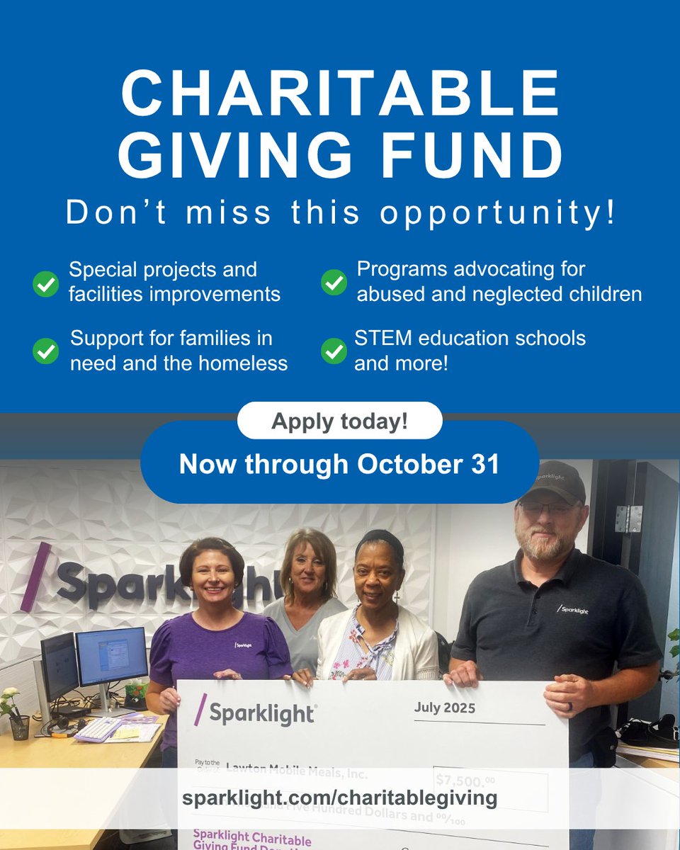 sparklightcares's tweet image. ⏳ 𝐇𝐚𝐥𝐟𝐰𝐚𝐲 𝐭𝐡𝐞𝐫𝐞!
Nonprofits: apply for our Charitable Giving Fund by Oct. 31!
We’re supporting work in education, hunger relief &amp;amp; community development 💙
𝐀𝐩𝐩𝐥𝐲 👉 sparklight.com/charitablegivi…
#SparklightCares #CharitableGiving #NonprofitSupport