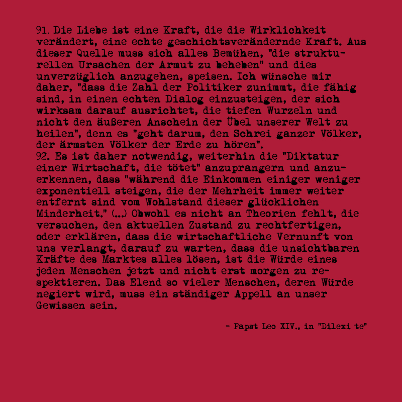 #PapstLeoXIV fordert in seinem Mahnschreiben #DilexiTe eine #Kirche, die sich nicht immunisiert gegen soziale Wirklichkeit, sondern für #Gerechtigkeit kämpft. Eine Analyse:
t1p.de/cqxuu
#sozialegerechtigkeit #armutbekämpfen #kirchemitzukunft #vatikan #katholischekirche