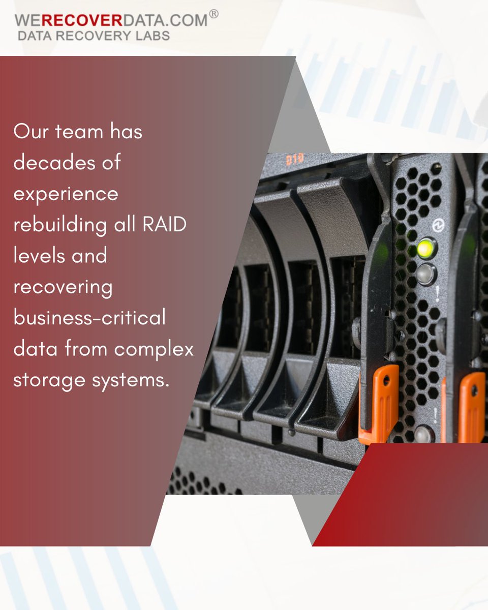 WeRecoverData's tweet image. A failed RAID array can bring operations to a standstill. Our team has decades of experience rebuilding all RAID levels and recovering business-critical data from complex storage systems. We work with RAID 0, 1, 5, 6, 10, and beyond—no matter the configuration or damage.