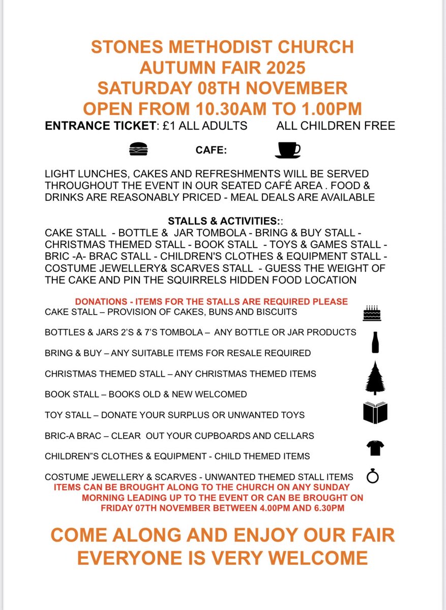stonesmethodist's tweet photo. Our next events are a Criss Cross Quiz on 5th November and Autumn Fair on 8th November. Everyone welcome. https://t.co/G7BpFSWbbp