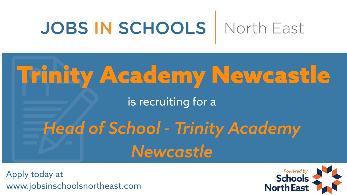 JobsInSchoolsNE's tweet image. .@TrinityNCL is recruiting for a Head of School - Trinity Academy Newcastle.

Find out more: ow.ly/pYPR50X90nn