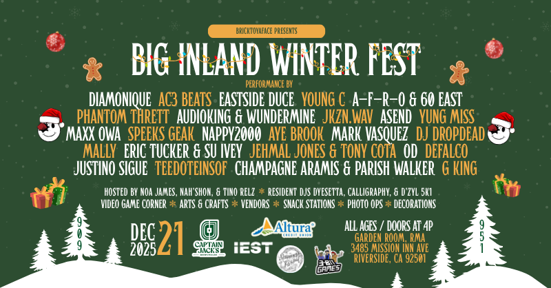 RMARiverside's tweet photo. RIVERSIDE ❄️ Big Inland Winterfest comes to our Garden Room on December 21. Enjoy music from Diamonique, AC3 Beats, Eastside Duce, and more. Tickets are on sale tomorrow at https://t.co/ATHG0KAeEY https://t.co/nRFCKHZ2GP