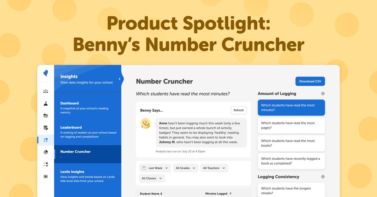 Which students have logged the most minutes? Who finished the most books this week? 📚✨

Sometimes you just need the answers, fast! Benny’s Number Cruncher helps you identify standout readers and students who need a little extra support. Lear more 👉 bit.ly/4n5xAlC