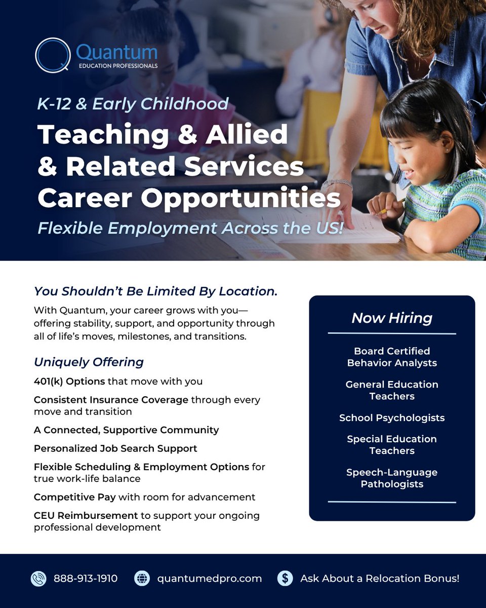 QuantumEdu_Q360's tweet photo. Life moves fast — &amp; sometimes, so do you.

At Quantum, we help your career move with you, offering flexible employment, consistent support, &amp; opportunity wherever you go.

Apply today! https://t.co/OCOI59AoJw

#Teaching #MilitarySpouse #Education #BorderPatrol #Military #Hiring https://t.co/i1Cc5blKRv
