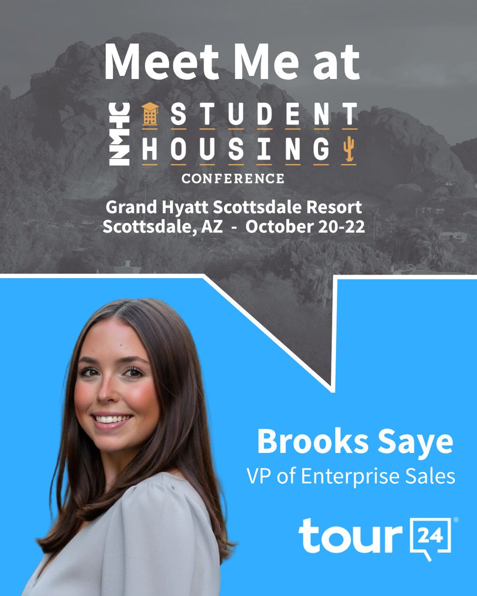 Our VP of Enterprise Sales, Brooks Saye, is off to Scottsdale next week, bringing with her the Tour24 mission: making apartment hunting smarter, faster, and more fun. Connect with Brooks: hubs.ly/Q03NWzFb0 

#Tour24 #Innovation #StudentHousing #FutureReady #GrowthMindset