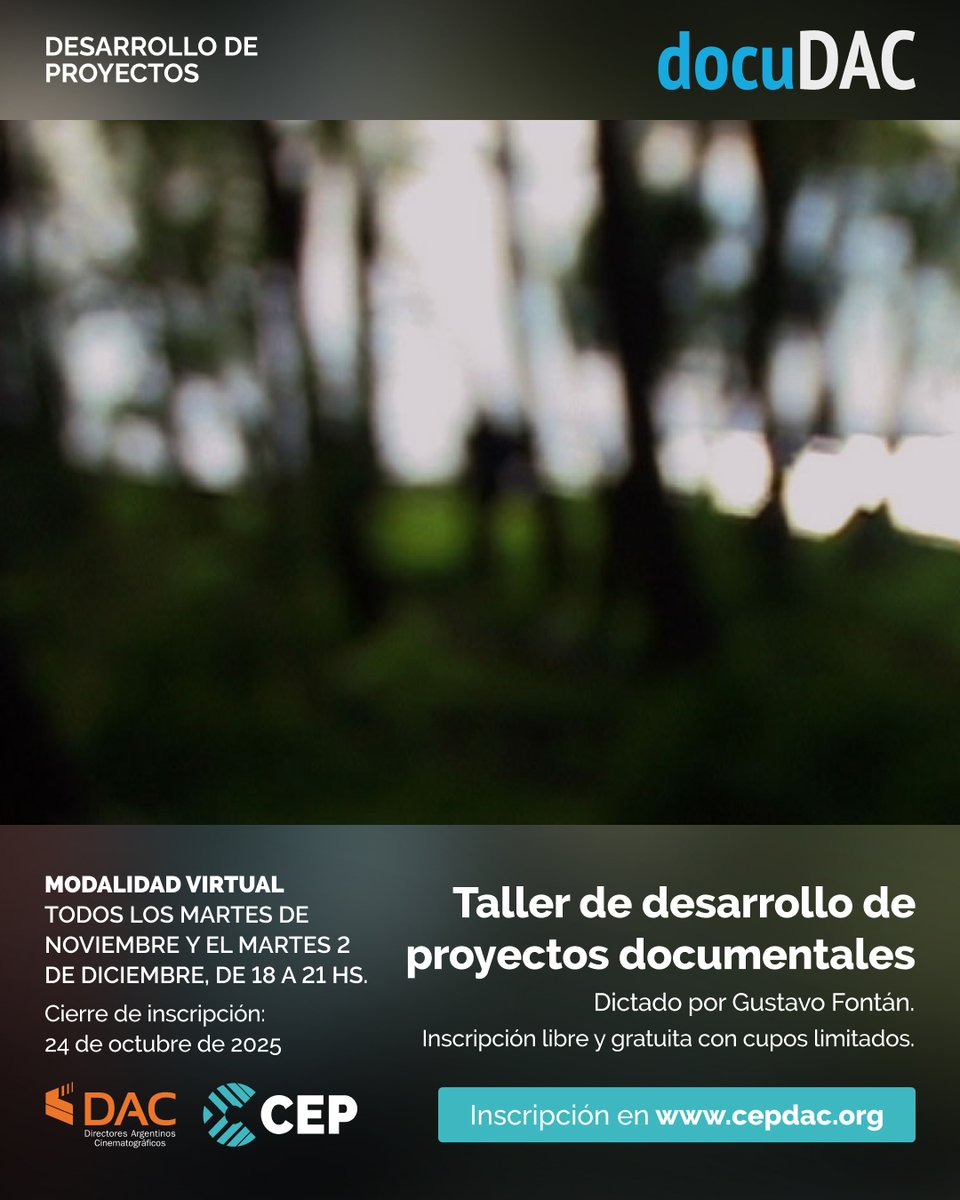 Taller de desarrollo de proyectos documentales por Gustavo Fontán

Los martes de noviembre y 2/12 de 18 a 21 hs
Modalidad virtual

Requisitos: Enviar proyecto y CV en un link de Google Drive público

Cierre de inscripción: 24/10/25
Inscripción libre y gratuita. Cupos limitados