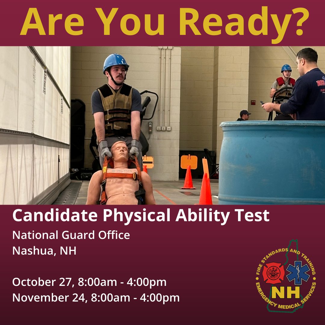 nhfstems's tweet image. The next Candidate Physical Ability Test (CPAT) is 10/27! If you or your department members need to take the state requirement for all full-time firefighters, register for the exam: nhfa-ems.com/scheduled-cour…
#FutureFirefighter #NewHampshireFirefighters #CPAT
