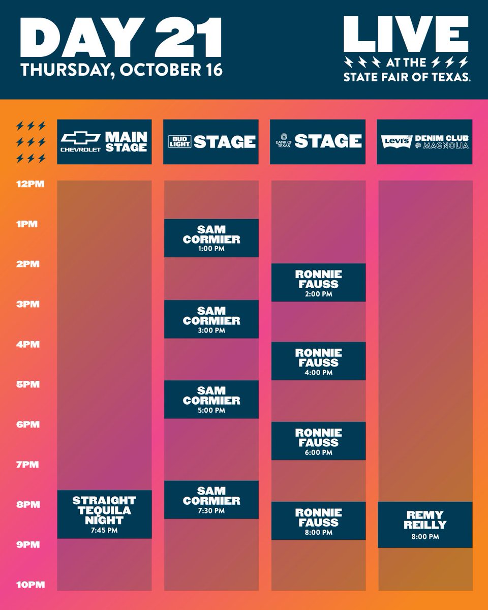 StateFairOfTX's tweet photo. The final countdown is on, but the music plays on! 🎤 Day 21 of the #StateFairOfTX has shows all day.
📍 Catch live performances all Fair long on the @Chevrolet Main Stage, @BudLight Stage, @BankofTexas Stage, and @Levis Denim Club. https://t.co/6XVIqemQUA