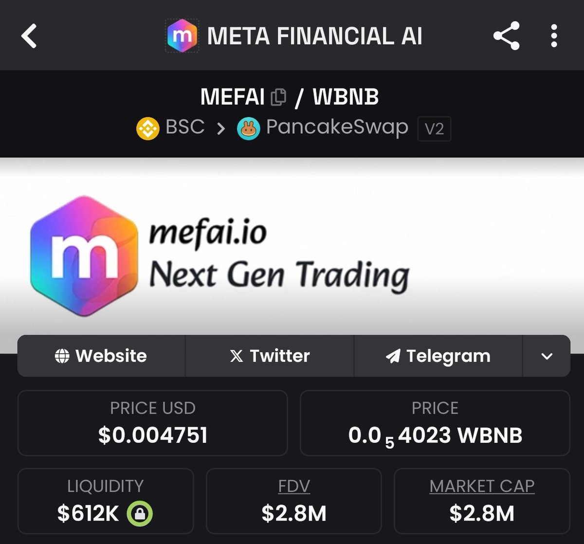 Added some of this $MEFAI here.
Thesis -> It's a microcap DeFi + AI project that helps traders predict market trends, catch trades early &amp; avoid getting rekt by market volatility.
 CZ &amp; Heyi engaged and followed the project recently and I know CZ is very careful with accounts he
