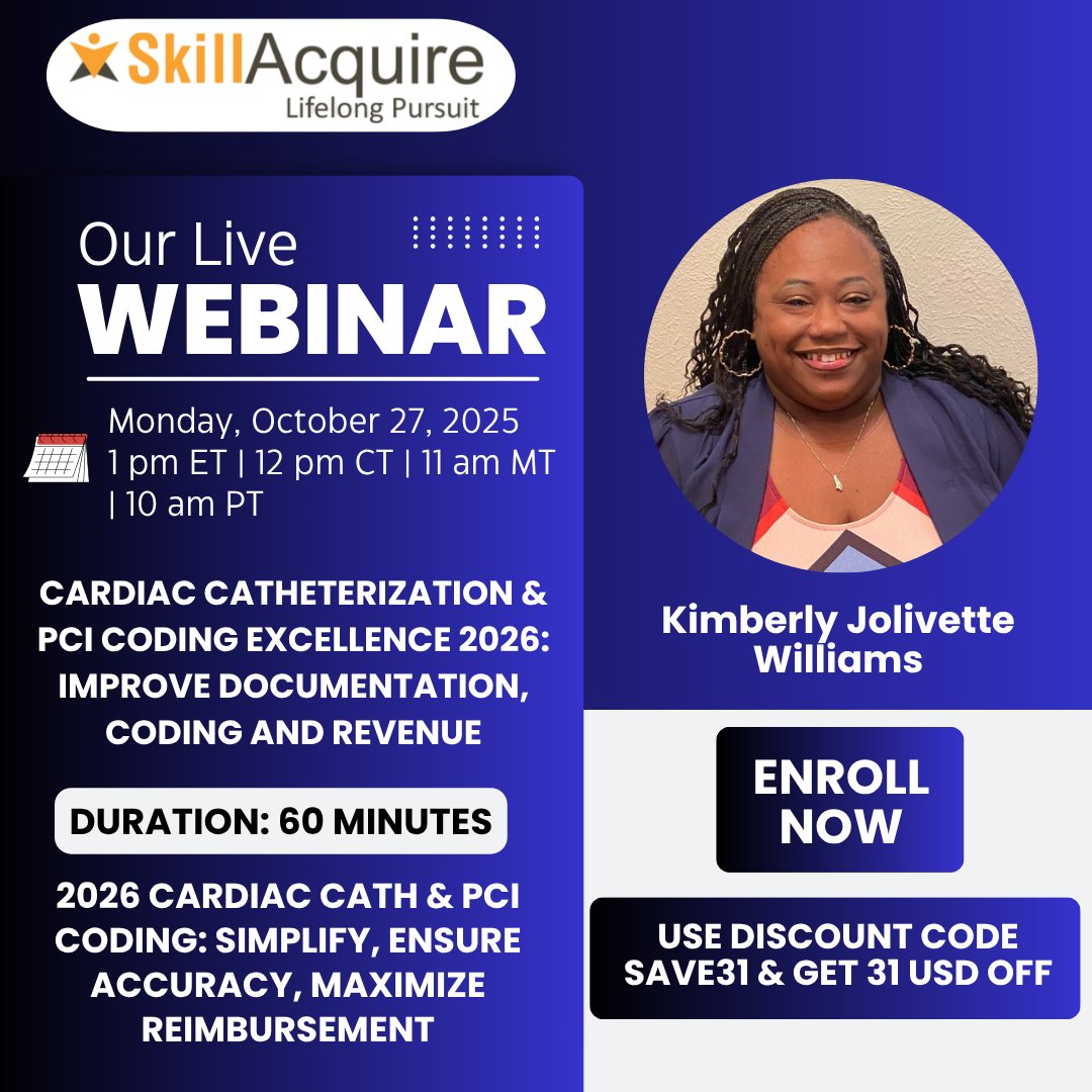 skillacquire's tweet image. ❤️ Master 2026 Cardiology Coding!
Join “Cardiac Catheterization & PCI Coding Excellence 2026” to boost accuracy & revenue.
Learn CPT®/ICD-10-CM updates, modifiers & documentation tips.
💰Use code SAVE31 for $31 OFF!
👉 tinyurl.com/myu2u54z
#CardiologyCoding #PCI #CPTUpdates