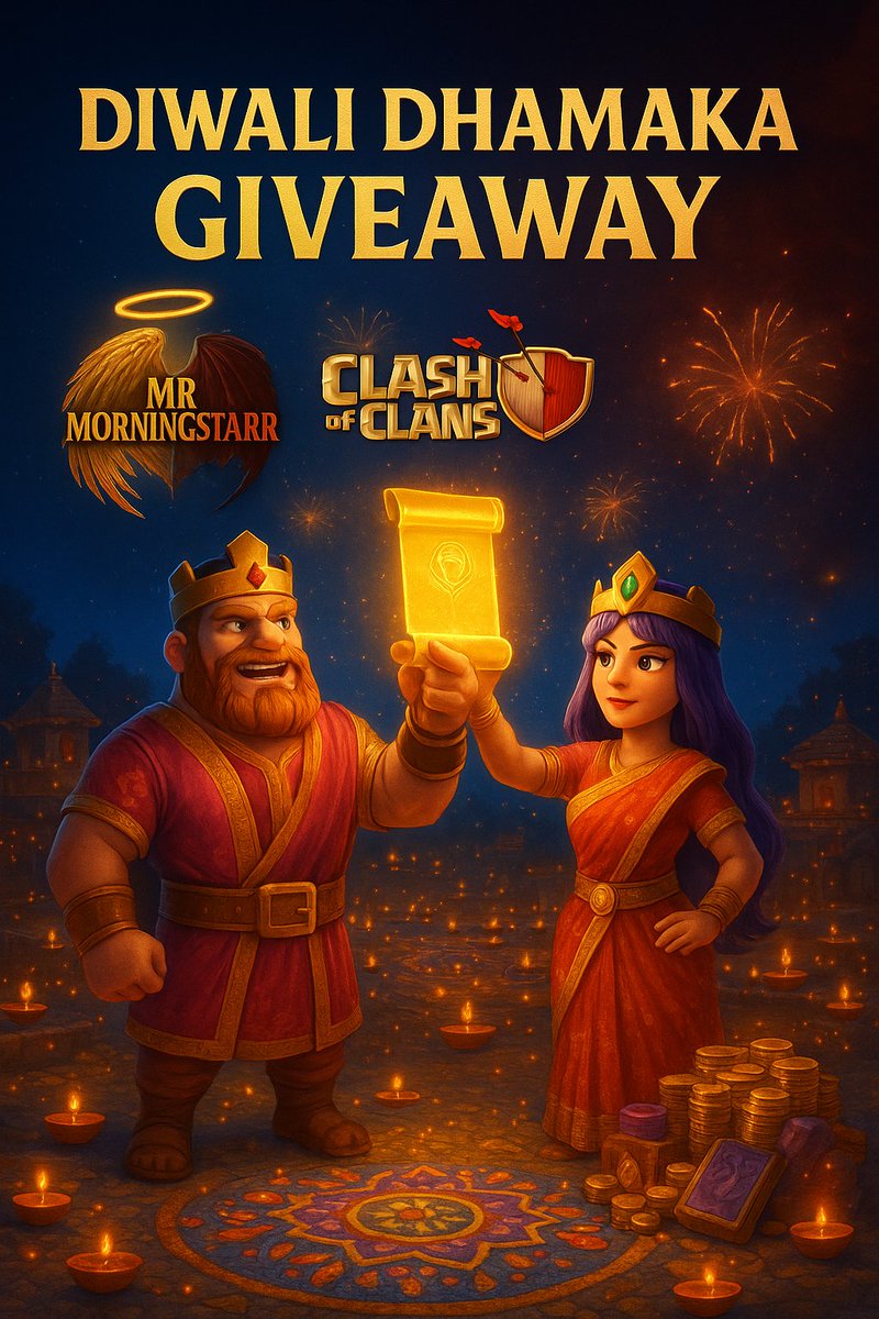✨📷DIWALI GP GIVEAWAY📷
📷2 exclusive Gold Passes to light up your village with glory &amp; loot!  
How to Enter
1️⃣ Follow <a href="/mrmorningstarr_/">Mr_morningstarr</a>  on x and [twitch.tv/Mr_Morningstaa…]
2️⃣Tag 2 people for Diwali surprise
3️⃣Repost
Let the lights of victory shine bright this Diwali!  #Diwali🎁