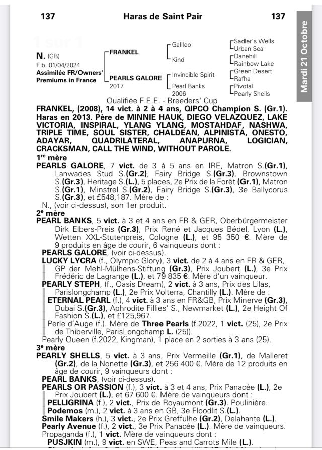 saint_pair's tweet image. 🍁ARQANA OCT Sale🟠⚪️
A well bred filly by the Crack #FRANKEL.@JuddmonteFarms 
Lot 1️⃣3️⃣7️⃣ 1st foal of PEARLS GALORE, winner of 7 races 🏆 Gr1 Matron Stakes, Rating 118. 3rd dam Pearly Shells, winner of 5 races Gr 1 Prix Vermeille, rated 119
📍See you Yard C 
📸 @zuzanna_lupa