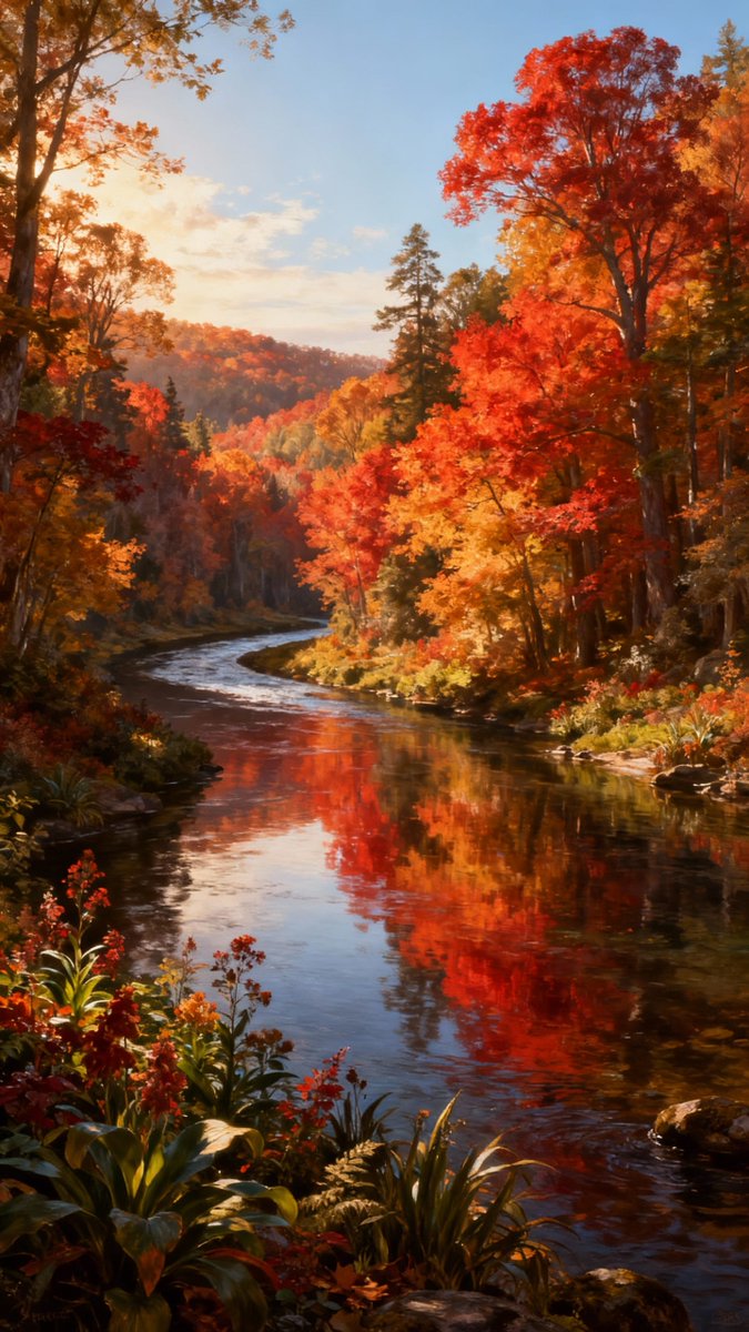 p_chusaengsri's tweet image. A winding river reflects vibrant autumn foliage with red and yellow trees lining its banks, surrounded by blooming wildflowers.
#AutumnReflections #WindingRiver #VibrantFoliage #NatureBeauty #WildflowerBloom