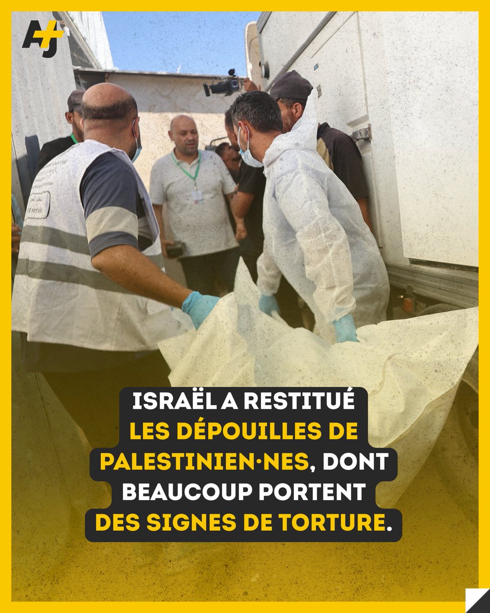 ajplusfrancais's tweet photo. Certains corps étaient encore menottés et l’un d’eux avait une corde autour du cou. Selon des sources médicales palestiniennes, la plupart des dépouilles n’ont pas été identifiées et certaines victimes auraient été exécutées sommairement sur le terrain. Beaucoup portent des vêtements de civil·es et présentent des traces de chenilles de chars.

Au total, 120 corps ont été remis par Israël au ministère de la Santé de Gaza depuis l’entrée en vigueur du cessez-le-feu.

Israël a menacé de “reprendre les combats” si le Hamas ne respecte pas les termes du cessez-le-feu. Le mouvement disposait de 72 heures pour remettre l’ensemble des otages : il a libéré les 20 derniers otages vivants mais n’a rendu que 9 dépouilles sur les 28 encore détenues à Gaza. Le Hamas affirme avoir remis les corps auxquels il a pu accéder et explique avoir besoin d’un “équipement spécial” pour récupérer les autres.
