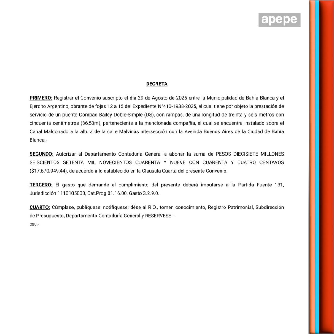 apepe_bahia's tweet image. PUENTES BAILEY: EL GOBIERNO NACIONAL LE ESTÁ COBRANDO 43 MILLONES DE PESOS DE ALQUILER AL MUNICIPIO DE BAHÍA BLANCA

La información surge de los decretos municipales 2189 y 2189/25 publicados el 19 de septiembre de 2025. Se trata de los puentes de calle Malvinas y de Santa Cruz.