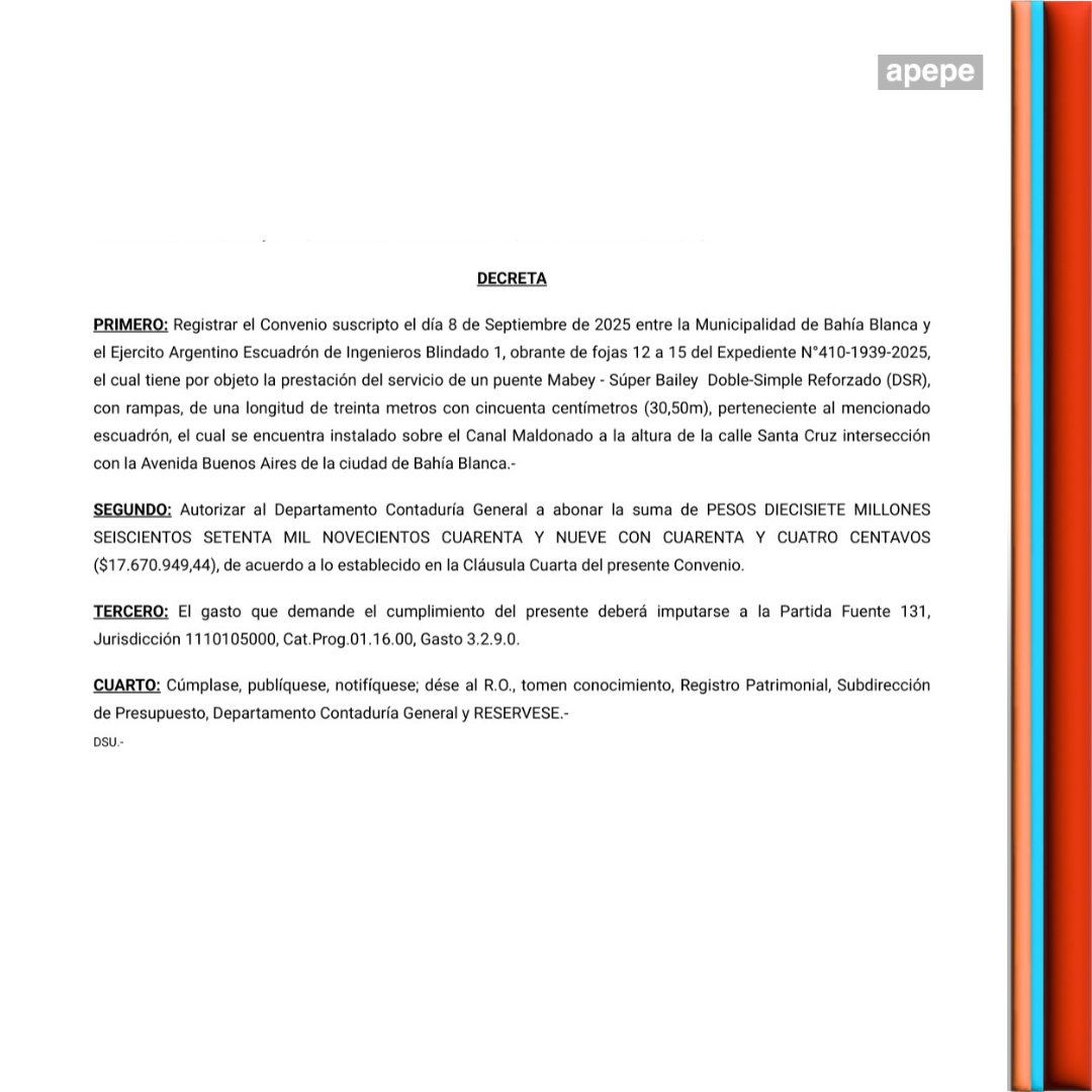 apepe_bahia's tweet image. PUENTES BAILEY: EL GOBIERNO NACIONAL LE ESTÁ COBRANDO 43 MILLONES DE PESOS DE ALQUILER AL MUNICIPIO DE BAHÍA BLANCA

La información surge de los decretos municipales 2189 y 2189/25 publicados el 19 de septiembre de 2025. Se trata de los puentes de calle Malvinas y de Santa Cruz.