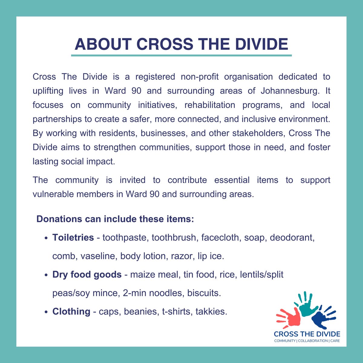 The RMD is joining hands with Cross The Divide to support the most vulnerable members of our community this festive season. Get involved by donating essential items by 21 Nov. See poster for details👇

#rosebankcares