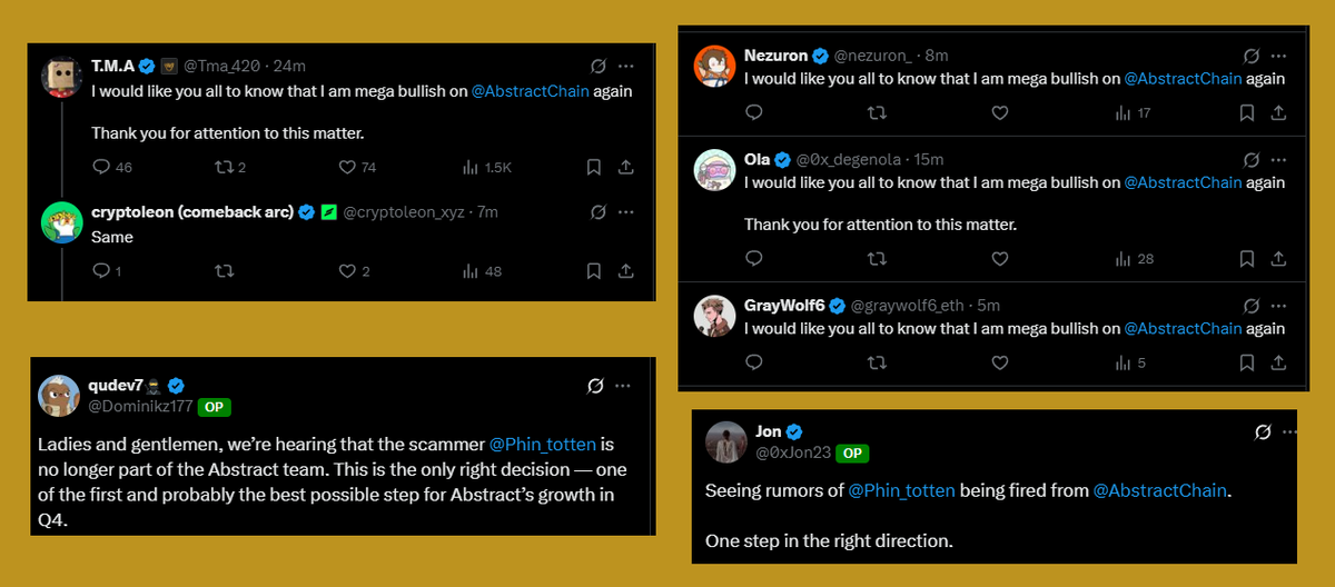 Never seen CT this bullish when someone is getting fired 🤣

Still just rumours but hearing <a href="/Phin_totten/">Phin</a> left <a href="/AbstractChain/">Abstract</a> (or got fired)

> no Abs badge on X
> PFP changed to Dreamilio
> left Abstract discord
> sold his Abs bags

Send Abstract higher now