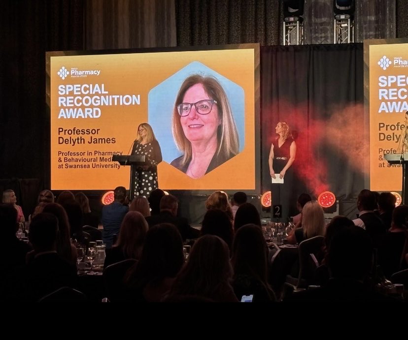 EleriSchiavone's tweet photo. Delighted to present this years Special Recognition Award on behalf of the RPS Welsh Pharmacy Board to Professor Delyth James  at the #Welshpharmacyawards
 🌟 Such a worthy recipient. Llongyfarchiadau mawr Delyth 👏👏👏
#rpharms #RPS_Wales #PDaHW https://t.co/CqzZEn9EB4