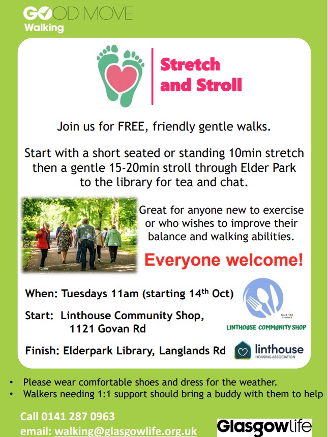 dixon_south's tweet image. 🚶 Stretch and Stroll – Free Walks!

Join GoodMove Glasgow on Tuesdays at 11am for a gentle stretch, a short walk through Elder Park, and a cuppa at the library!

For more information -
☎️0141 287 0963
💻walking@glasgowlife.org.uk

#GoodMove #FreeWalks #StretchAndStroll