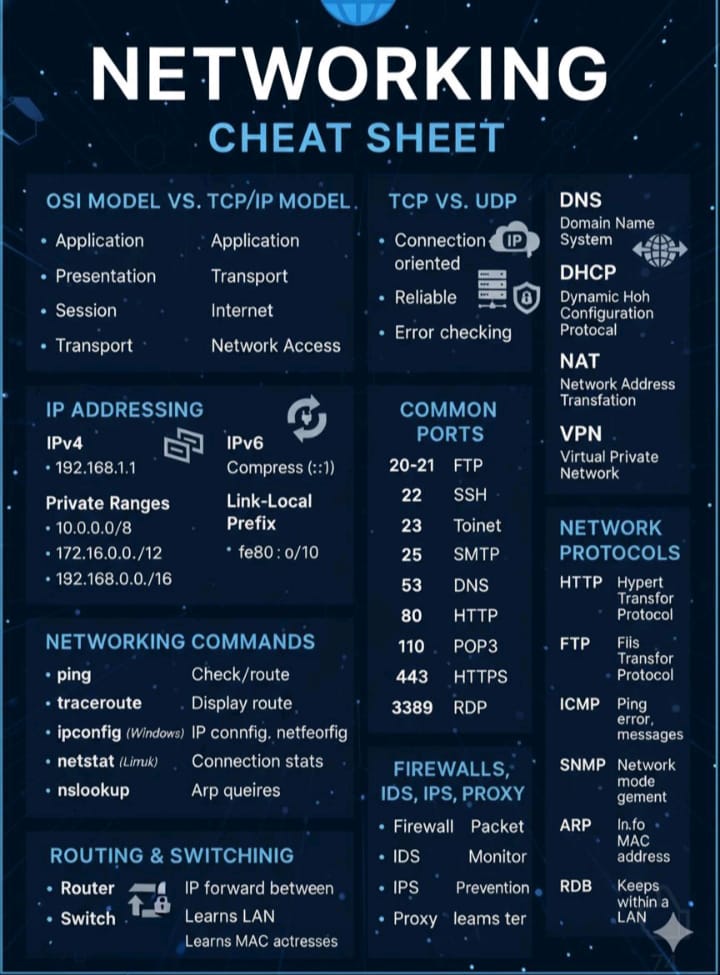 Avengingsecure's tweet image. Master the basics of Networking with this ultimate cheat sheet! ⚙️💻
From OSI layers to TCP/UDP and IP addressing — everything you need at a glance. 🌐📘

#Networking #CyberSecurity #TechBasics #ITLearning