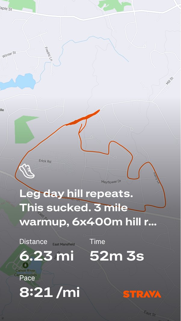 Hill repeats on a big hill after lifting legs. Just a torturous way to start the day. My mind tried to quit a few times. 

3 mile warmup, 6x400m hill repeats at full send with what was left

#running 

Check out my run on Strava.
strava.app.link/fpgf6JZOvXb