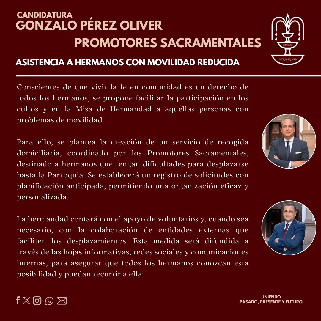 PROYECTO | 🔈Presentamos el proyecto de los Promotores Sacramentales.

Su propuesta se enfoca en fomentar los cultos al Santísimo Sacramento y en acompañar a hermanos con movilidad reducida, facilitando su participación en la vida de hermandad.

#CandidaturaGonzaloPerezOliver
