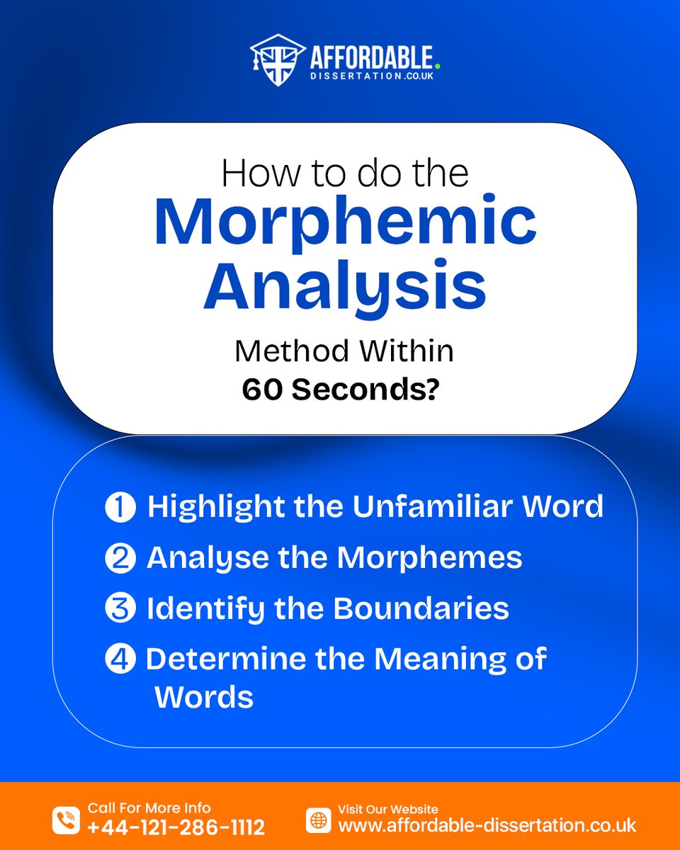 AffDissertation's tweet image. Want to master Word Analysis in less than 60 seconds? ⏱️
Try the Morphemic Analysis Method 👇
🔹 Highlight the word
🔹 Analyse morphemes
🔹 Identify boundaries
🔹 Find meaning
Simple. Smart. Effective. 💡
🚀 Get expert dissertation help today!
#Linguistics #DissertationHelp
