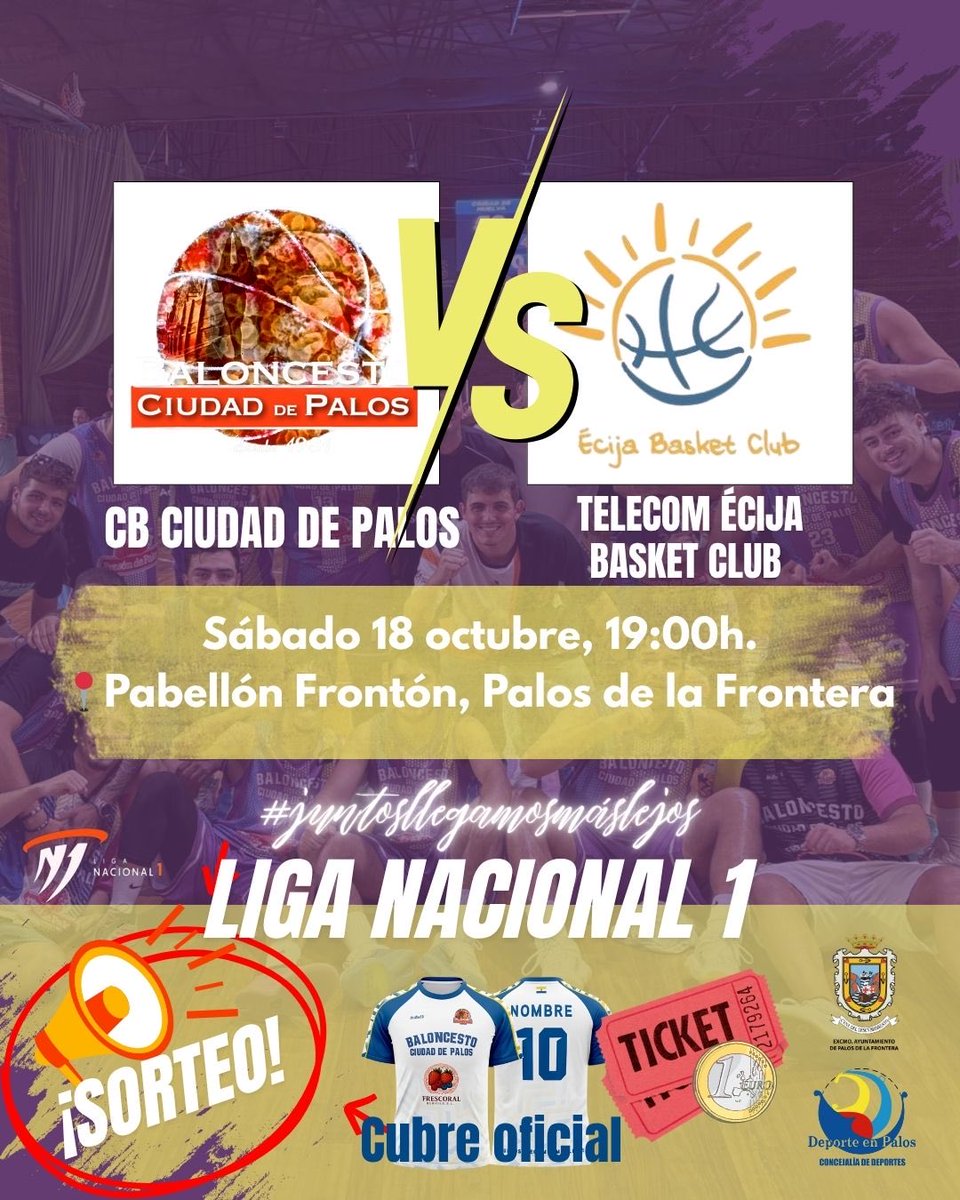 ⛹️‍♂️𝗣𝗔𝗥𝗧𝗜𝗗𝗢 𝗟𝗜𝗚𝗔 𝗡𝟭⛹️‍♂️

🗓️ Sábado, 18 de octubre
⏰ 19:00h.
📍Pabellón Frontón. 

 ⚡️𝘾𝘽 𝘾𝙞𝙪𝙙𝙖𝙙 𝙙𝙚 𝙋𝙖𝙡𝙤𝙨 ⚡️
……………… 𝙑𝙎 …………………
⚡️ 𝙏𝙚𝙡𝙚𝙘𝙤𝙢 𝙀́𝙘𝙞𝙟𝙖 𝘽𝙖𝙨𝙠𝙚𝙩 𝘾𝙡𝙪𝙗 ⚡️

#CBciudaddePalos
#juntosllegamosmáslejos