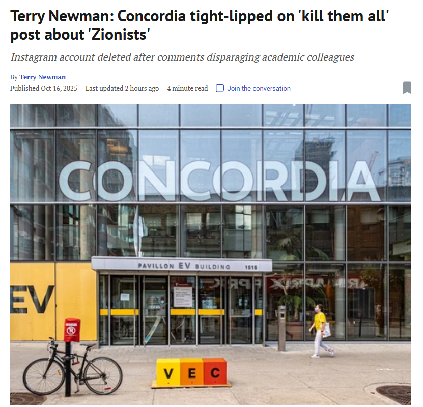 Hey <a href="/Concordia/">Concordia University</a>, you have refused to answer the <a href="/nationalpost/">National Post</a> on whether a person presenting themselves as a professor, who suggested the best way to deal with 'hardcore Zionists' is to "Kill them all", is really a professor at your school.

Why the refusal? If they’re not, this