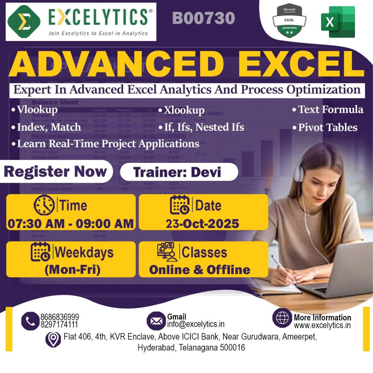 excelytics_info's tweet image. Hi,

Hope you are doing well, wanted to keep you posted that we have  Demo session Adv Excel on 23-Oct-2025 between 07:30AM-09:00AM by Mrs. Devi 

Registration Link : 
 forms.gle/fprisEKEGFa4Am…

WhatsApp Link : chat.whatsapp.com/Lxg0fXHIWfwB8Z…

Note : Offline Available at Ameerpet