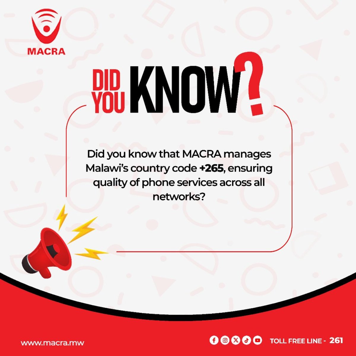MACRAMALAWI's tweet image. Did you know MACRA manages Malawi’s country code +265 making sure you enjoy quality phone services across all networks?

#DidYouKnow 
#MACRA
#QualityAffordableSecureCommunicationServices 
#DigitallyTransformedMalawi 
#261TollFree