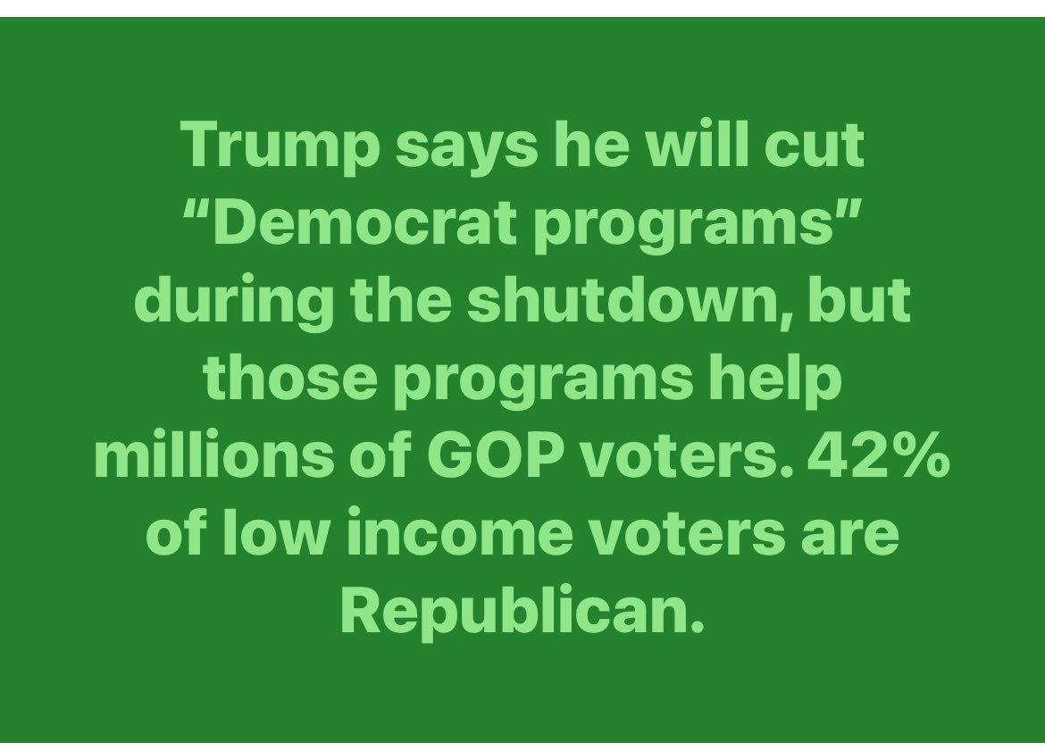 Trump wants to punish Democrats for the shut down, but the people who will suffer are millions of his own voters. He won’t care that he’s causing them pain and I guess they won’t care that he’s making them suffer. Is that masochism or sadism or both? 🤷🏼‍♀️