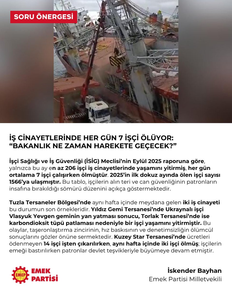 Tuzla Tersanelerinde aynı hafta içinde iki iş cinayeti yaşandı.

Yıldız Gemi Tersanesi’nde gemi devrildi, Ukraynalı işçi Vlasyuk Yevgen yaşamını yitirdi.

Torlak Tersanesi’nde CO₂ tüpü patladı; bir işçi öldü, dört işçi yaralandı. 

Ağır ve tehlikeli işlerde çalışan işçilerin