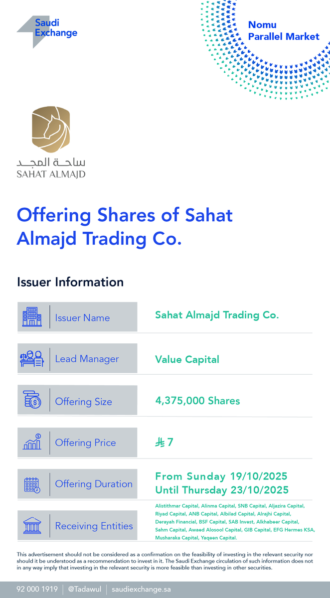 tadawul's tweet photo. The offering shares of Sahat Almajd Trading Company starts on Sunday, 19 October 2025, on the #NomuParallel Market and ends on Thursday, 23 October 2025.
To stay updated on upcoming IPOs and market news, download the STG App now📱:
iOS:
https://t.co/x08KXMGCLX
Android:
https://t.co/nD5tMLcRBR