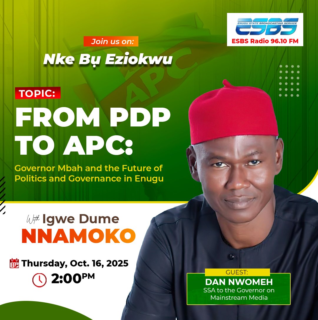 DanNwomeh's tweet photo. Join us live today at 2:00 pm on ESBS 96.1 FM as we take an in-depth look at Enugu’s historic shift from PDP to APC and the implications for politics and governance in the state. https://t.co/a2XFu8UfqB