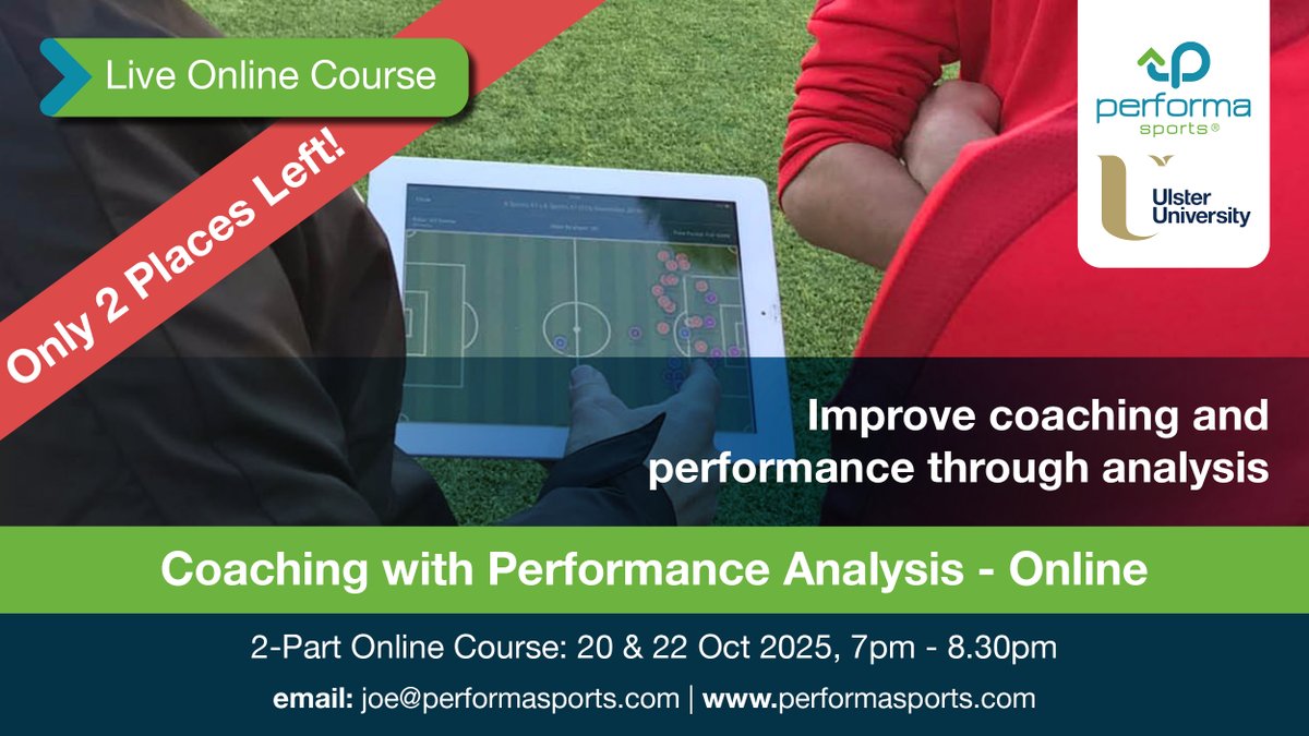🚨2 Places Left! 
Coaching with Performance Analysis Course designed for Coach/Analysts at all levels:
📅Mon 20 &amp; Wed 22 Oct, 7pm-8.30pm
💻Live Online Course
#Coaching #PerformanceAnalysis #AlwaysLearning

Book now▶️ performasports.com/product/coachi…