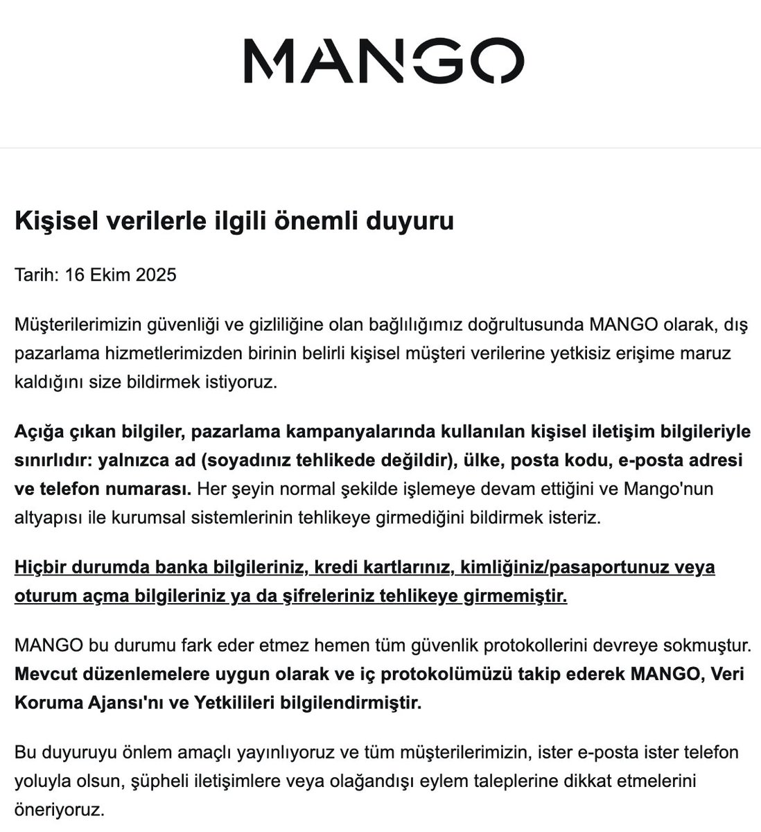 Mango kişisel verileri sıçırtmış
