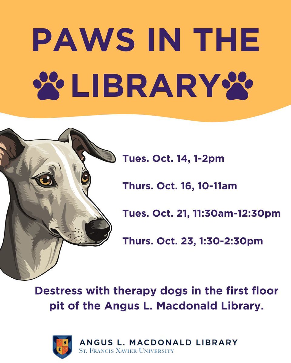 Today's the day! 

Visit the Library from 10am-11am to de-stress with a therapy dog. 

Can't make it today? Therapy dogs will be in the Library Tuesday and Thursday next week as well 🐾 🐾 🐾 🐾