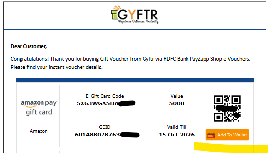 smartspendcode's tweet image. Gyftr via HDFC Bank PayZapp has added a new “Add to Wallet” one-click button while sending Amazon Pay vouchers on email.
With just one click, your Amazon Pay wallet gets loaded automatically if you’re logged in on the same browser session.
A simple but super helpful feature, no…