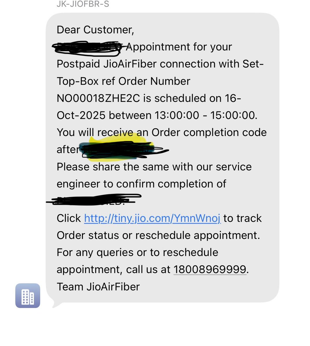 Sohaamm's tweet photo. Dear @JioCare, @reliancejio

Extremely disappointed with the lack of action on my JioAirFiber complaint. My Order Number is NO00018ZHE2C, logged on 9.10.2025.

It’s been 7 days, My appointment was planned today at 1pm. There is no call. No one is picking up calls. https://t.co/JJqVWKa49L
