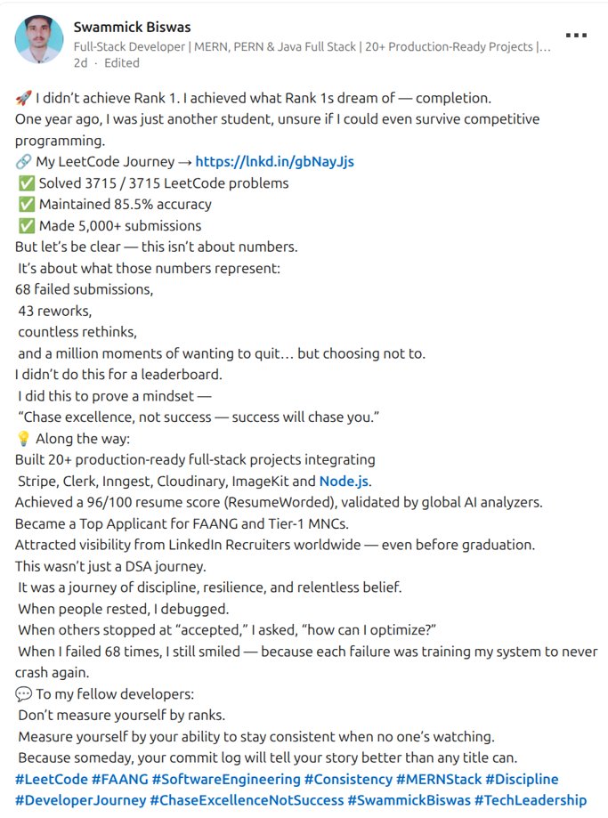SwaDotDev's tweet image. It's Confirmed!
Internet is full of lies.
Earlier that 4cr package
Now this shit guy who solved entire LeetCode in just 2 months, and his audacity to flex it as an achievement on LinkedIn and guys are commenting "Congratulations", "Inspiring".
#LeetCode